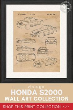 the vintage honda s 2000 wall art collection is on display in a black framed frame