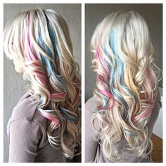 Unicorn Pastel Colors .... I have so many clients who are trying this out for their NYE parties! I am excited to see how their colors turn out and such!  #abstudios  #scissorsofstyle Blue And Blonde Hair Ideas, Light Blue And Pink Hair, Pink And Blue Hair Highlights, Pastel Highlights In Blonde Hair, Cotton Candy Highlights, Blue And Pink Highlights, Pink Highlights In Blonde Hair, Pink And Blue Highlights, Highlights In Blonde Hair