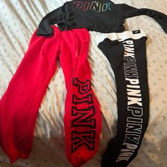 Pink Bundle Brand New One Pair Of Red Classic Sweat Pants Black Print Black Draw String One Black Leggings With White Print Pink Dog Logo On The Waist Band One Black Hoodie With Pink Printed In Rainbow On The Back This Would Be Over $160in Store After Taxes If You Could Find Them Tags Still On Items Great Bundle Great Valentine's Day Gift That's Cheaper And More Original Then Candy Flowers And Last Longer Red Tracksuit For Loungewear, Red Sportswear Tracksuit For Loungewear, Pink Athleisure Joggers For Winter, Pink Joggers For Winter Loungewear, Pink Winter Joggers For Loungewear, Pink Winter Athleisure Joggers, Winter Athleisure Pink Joggers, Red Long Sleeve Tracksuit For Loungewear, Winter Sportswear Red Bottoms