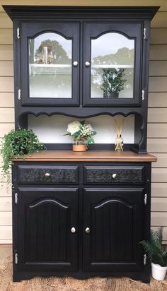 a black china cabinet sitting on top of a rug next to a houseplant