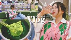 a woman drinking water from a glass in front of a book shelf filled with books