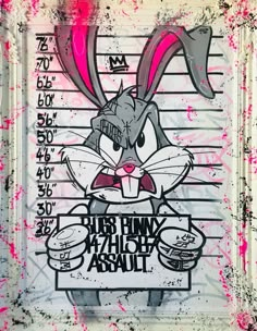 a drawing of a rabbit holding a sign in front of a jail cell wall with pink paint splatters on it