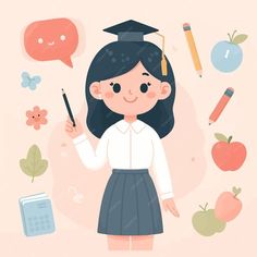 a girl in a graduation cap is holding a pencil