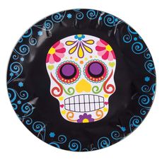 a paper plate with a colorful sugar skull design on the front and sides, decorated with swirls