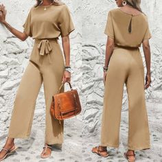 Casual High-waisted Jumpsuits For Day Out, Casual High-waisted Jumpsuit For Summer, Casual High-waisted Jumpsuits And Rompers For Summer, Casual High-waisted Jumpsuits And Rompers For Day Out, Casual High-waisted Summer Jumpsuit, Solid High-waisted Spring Jumpsuits And Rompers, Casual Beige High Waist Jumpsuit, High-waisted Jumpsuits And Rompers For Summer Day Out, Summer High-waisted Jumpsuits And Rompers For Day Out