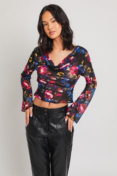 Long sleeve cowl neck floral printed top with scoop open back. Wear a bralette or cami under. Model is wearing a small Store Location: Hampden Small Store, Cowl Neck Top, Floral Print Tops, Matching Top, Floral Printed, Cowl Neck, Open Back, Bralette, Floral Prints