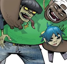 an image of three cartoon characters with their mouths open and one is wearing a green shirt