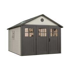 a gray shed with windows and doors on the side, in front of a white background