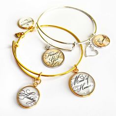 "Create your own meaningful wedding bridal party jewelry and gifts and DIY projects with our Wedding Bridal Party charms - add to bracelets, invitations, bouquets, wine charms, candles and favors... the possibilities are endless! Order along with our Wedding \"Faith Hope Love\" 1 Corinthians Scripture charm set, personalized wedding charms, and Bangle Bracelet Making Kits. Give personalized bangle bracelets to your bridesmaids or have a bracelet-making party at a bridal shower or bachelorette pa Personalized Round Jewelry For Wedding, Personalized Round Wedding Jewelry, Personalized Bangle Jewelry For Bridesmaid Gift, Personalized Bangle For Bridesmaid Gift, Customized Jewelry For Bridesmaid Gift On Mother’s Day, Customized Jewelry For Bridesmaid Gift On Mother's Day, Customizable Jewelry For Bridesmaid Gift On Valentine's Day, Customizable Round Jewelry For Weddings, Customizable Gold Jewelry For Bridesmaid Gift