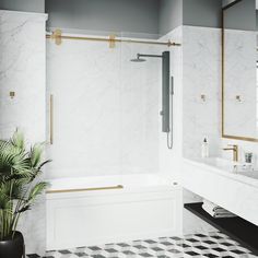 a bathroom with black and white checkered flooring, gold trim on the shower