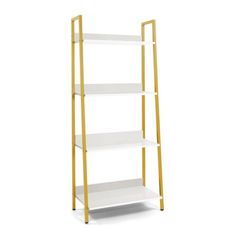 a white and gold shelf with three shelves on each side, against a white background