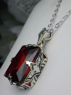 Red Ruby Pendant Necklace, GL Pendant, Art Deco Vintage Jewelry design, Rectangle Gemstone, Vintage Jewelry, Silver Filigree, Silver Embrace Jewelry, P15 Formal Sterling Silver Jewelry With Rectangular Stone, Formal Silver Jewelry With Rectangular Stone, Fine Jewelry With Rectangular Pendant For Formal Occasions, Formal Sterling Silver Necklace With Rectangular Pendant, Elegant Jewelry With Rectangular Stone For Anniversary, Classic Wedding Jewelry With Rectangular Pendant, Elegant Rectangular Pendant Jewelry For Anniversary, Rectangular Birthstone Necklaces For Gifts, Rectangular Birthstone Necklace For Gift