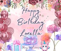 a birthday card with balloons, flowers and presents in front of a watercolor background