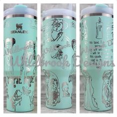 three different views of the same tumbler cup, one with an image on it