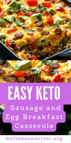 easy keto sausage and egg breakfast casserole with text overlay that reads easy keto sausage and egg breakfast casserole