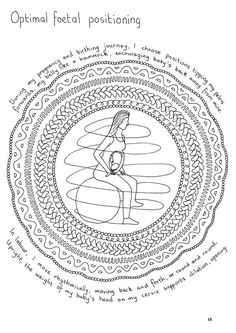 a woman sitting on top of a ball in the middle of a circular pattern with words above