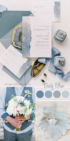 the wedding color scheme is blue and gray, with white flowers on top of it