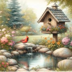 a painting of a bird sitting on top of a rock next to a pond and a birdhouse