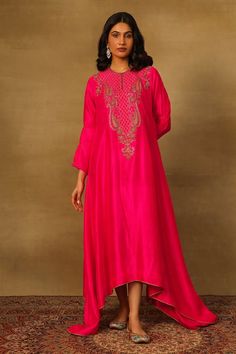 Fuchsia asymmetric tunic with paisley embroidery using dabka, bullion, coins and thread work. - Aza Fashions Eid Embroidered Kurta With Asymmetrical Hem, Embroidered Asymmetrical Hem Kurta For Eid, Traditional Dress With Asymmetrical Hem For Festive Occasions, Festive Embroidered Kurta With Asymmetrical Hem, Embroidered Asymmetrical Hem Kurta For Festive Season, Asymmetric Tunic, Paisley Embroidery, Bullion Coins, Dupion Silk