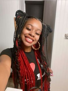 Knotless Braids Red Peekaboo, Red Braids Peekaboo, Peekaboo Goddess Braids With Beads, Red Peekaboo Goddess Braids, Box Braids Peak A Boo, Black And Red Braids Peekaboo, Red Peak A Boo Knotless Braids, Red Peekaboo Braids With Curls, Box Braids Peekaboo Color With Curls