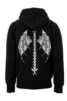 Did it hurt when you fell to hell? Once a star in the sky, down you tumbled to the depths below. Now a fallen angel, you're a devilish delight in this gothic hoodie! Made of soft cotton and sin, this evil hoodie features a pair of wicked wings on the back and a skull of your choice on the front. Complete with your wings, you'll turn 'em to the dark side! You have the power! Select from 3 graphic options: A Front: Demon Ram Skull B Front: Cute and Spooky Skull Blank Front Features: Black Zipper H Bleach Hoodie, Demon Wings, Goth Clothes, Cute And Spooky, Everyday Jacket, Punk Rock Fashion, Types Of Jackets, Comfy Cozy