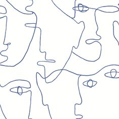 a line drawing of several faces with different shapes and lines on the face, all in blue