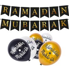 black and gold balloons with the words ramadan mubarak on them