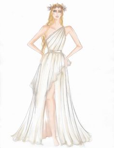 One shoulder tulle and mesh pleated bodice dress with tie belt and asymmetrical slit. Grecian Dress Goddesses, Greek Dress Goddesses, Greek Style Dress, Toga Dress, Cotton Dress Indian, Greek Dress, Greek Goddess Dress, Grecian Dress, Dress Illustration