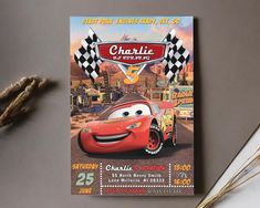 a birthday card with the character cars from disney and pixama is displayed on a table