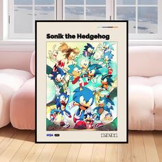 sonic the hedgehog movie poster in front of a white couch with windows behind it