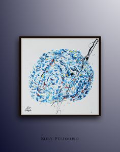 an abstract painting with blue and white colors on the bottom, in a black frame