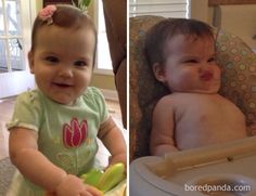 two pictures of a baby sitting in a high chair