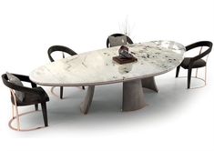 an oval marble table with four chairs around it