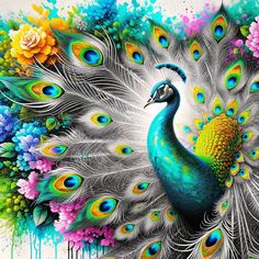 a painting of a peacock with colorful feathers and flowers on it's back side