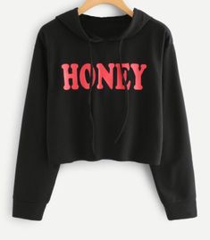 Honey crop top hoodie Black Winter Cropped Sweater, Black Cropped Sweater For Spring, Black Cropped Sweater For Fall, Black Cotton Cropped Sweater, Trendy Hooded Winter Crop Top, Trendy Hooded Crop Top For Winter, Black Cotton Casual Cropped Sweater, Trendy Fall Crop Top For Streetwear, Casual Black Cropped Cotton Sweater