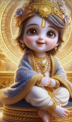 an adorable little baby sitting on top of a gold plate with a halo around it's head