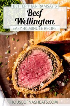 the beef wellington is cut in half and ready to be eaten