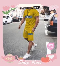 Men Fashion Round Neck Print Large Size Loose Short-sleeved T-shirt and Shorts Two-piece Set Casual Yellow Set With Letter Print, Casual Yellow Sets With Letter Print, Casual Yellow Letter Print Sets, Casual Short Yellow Set, Casual Yellow Crew Neck Set, Casual Letter Print Sets With Shorts, Casual Short Sets With Letter Print, Casual Yellow Loungewear Set, Loose Shorts