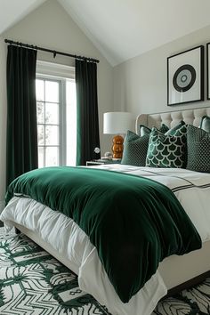 a green and white bed in a bedroom