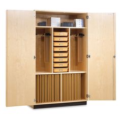 a large wooden cabinet with drawers on the bottom and doors open to reveal other items