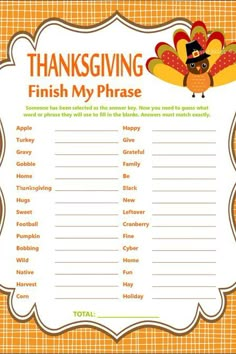 a thanksgiving printable for kids to learn how to make their own words and phrases