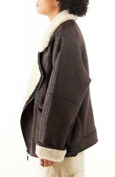 An asymmetric zipper lends moto-inspired edge to this oversized aviator jacket crafted from vintage-inspired faux leather and lined with plush faux shearling. 28" length (size Medium) Exclusive retailer Asymmetric zip closure Notched lapels Front patch pockets 51% viscose, 49% polyester with polyurethane coating; 100% polyester faux-shearling contrast Dry clean Imported Sherpa Leather Jacket, Brown Aviator Jacket, Denver Winter, Leather Winter Jacket, Sherling Jacket, Leather Fur Jacket, Leather Aviator Jacket, Fall Leather Jacket, Scandinavian Outfit