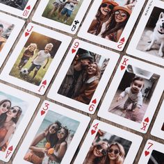 several playing cards with pictures of people and dogs on them, all in different frames