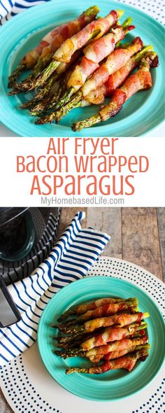 air fryer bacon wrapped asparagus on a blue plate with the title above it