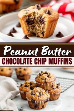 chocolate chip muffins on a plate with the words peanut butter chocolate chip muffins