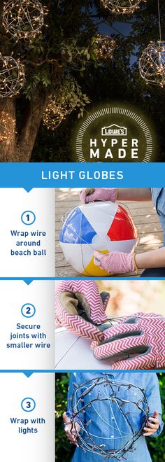 the light globes are being used to decorate trees and other things in the yard