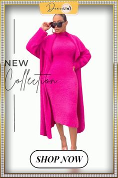 Plush Dress Long Sleeves Cardigan Coat 2 Piece Outfits Chic Open Front Fall Dresses, Pink Long Sleeve Midi Dress For Winter, Pink Winter Midi Dress, Open Front Winter Dresses, Open Front Dresses For Winter, Fitted Long Cardigan For Party, Plush Dress, Calf Sleeve, Dress Long Sleeves