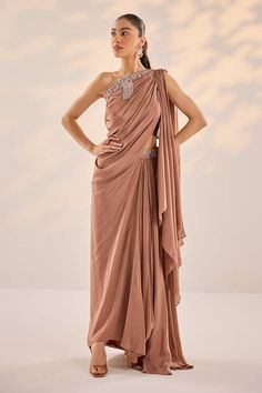 Copper asymmetric draped one shoulder top embellished by pearl sequin border. Comes with asymmetric draped skirt and inner bustier. - Aza Fashions Pearl Top, Embellished Gown, Draped Skirt, One Shoulder Top, Brown Top, Top And Skirt, Asymmetrical Tops, Greek Goddess, One Shoulder Tops