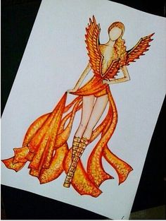 a drawing of a woman in an orange dress with wings on her chest and legs