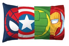 three pillow cases with superheros and captain america symbols on them, one is red, the other is green